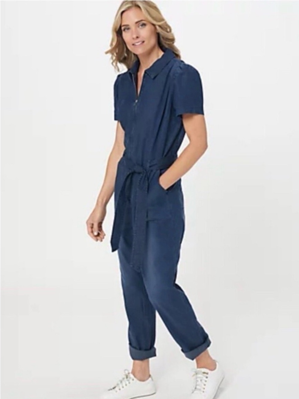 Candace Cameron Bure Denim‎ Chambray Utility Crop Jumpsuit Belted Blue Size L